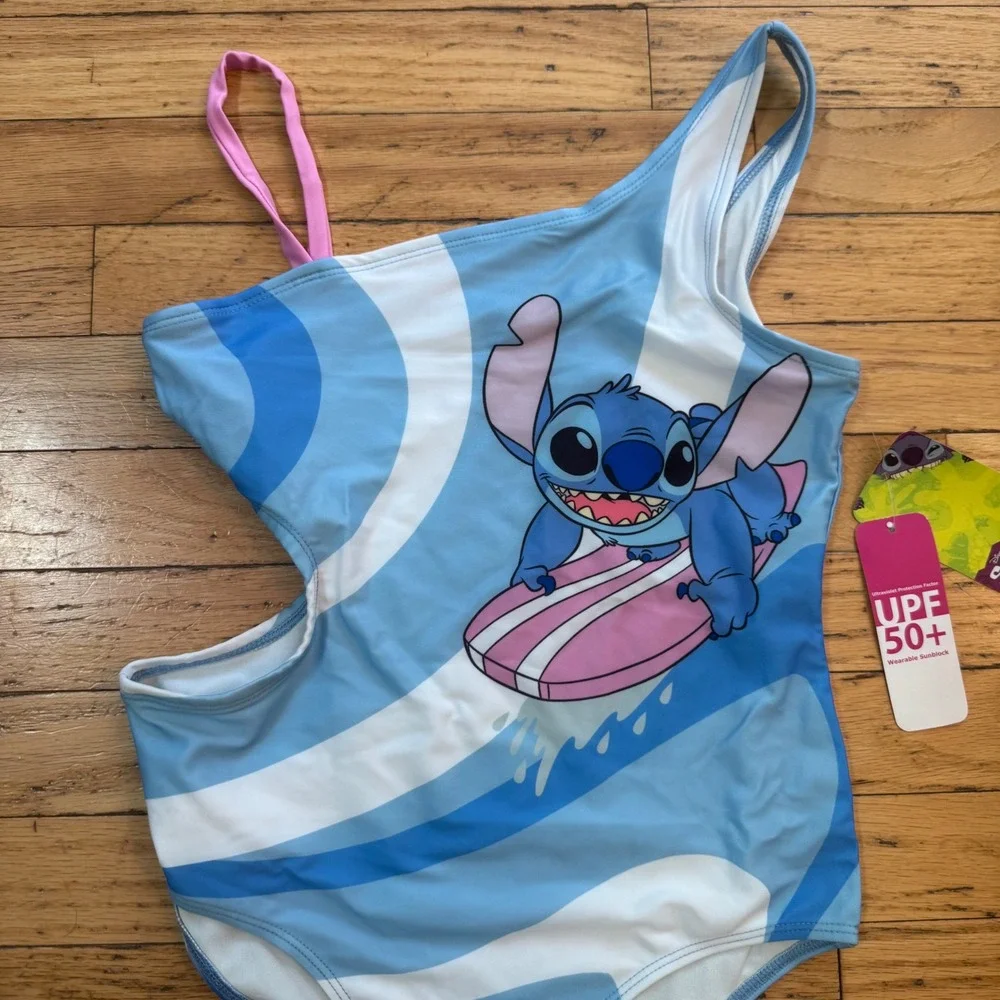 Disney Stitch Girls One Piece Swimsuit Blue Swirl Surfing UPF 50+ Size 10-12 NWT